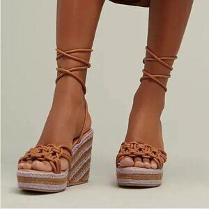 Anthropologie Raffia Platform Brown & Lavender Heeled Wedge Sandals Sz 38